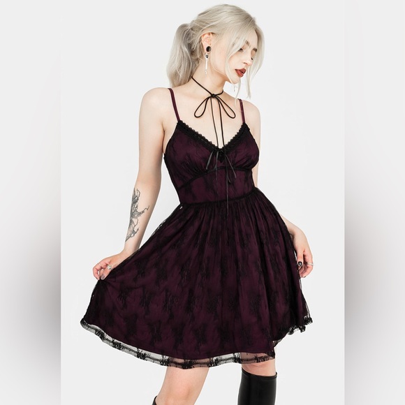 Disturbia Plum Lace Slip Dress | Whimsigoth Goth Core Mini | US 6 - Picture 4 of 15